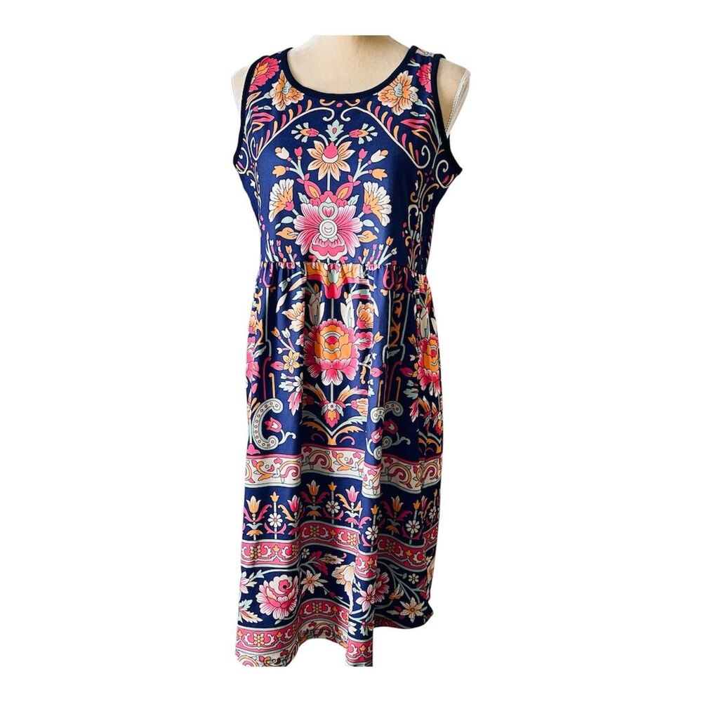 Izuria Multicolor Floral Sleeveless A-Line Midi Dress Women's Size Medium